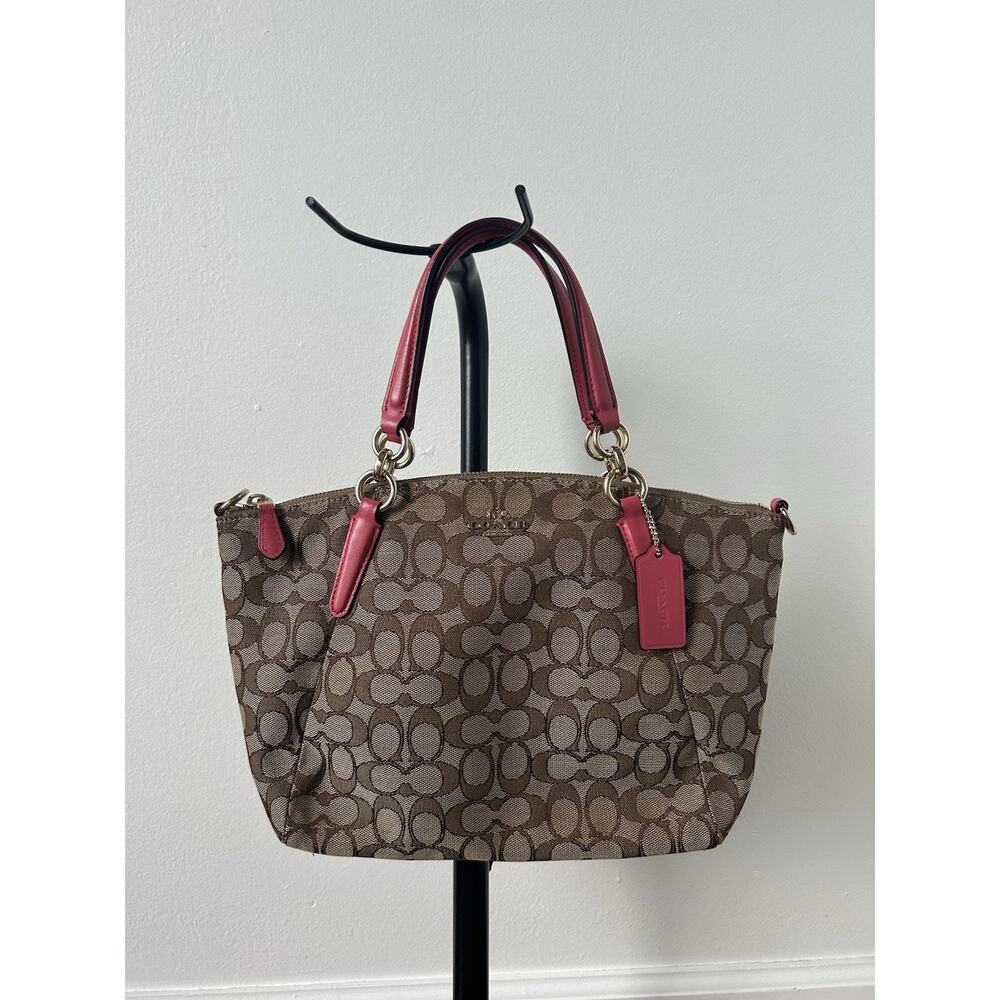 COACH F58283 Small Kelsey Pink Leather & Khaki Canvas Purse Bag w/Zipper Read